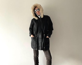 Vintage 90s Black Leather Parka: Hooded, Oversize Fit