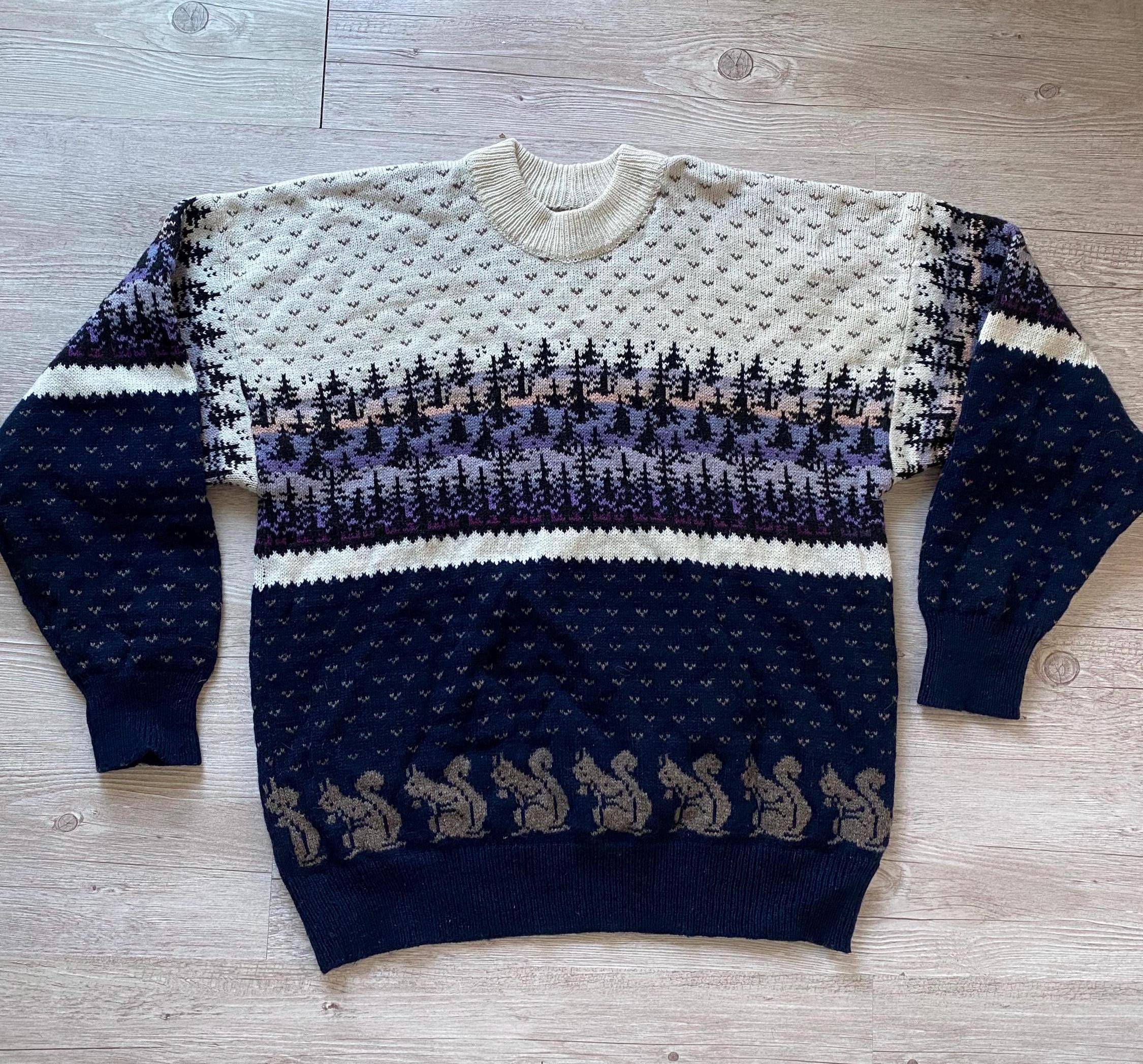古着 used hand knit wool 100% Christmas Vintage Hand Knit Wool Christmas Sweater: Vintage Chunky Crew Neck