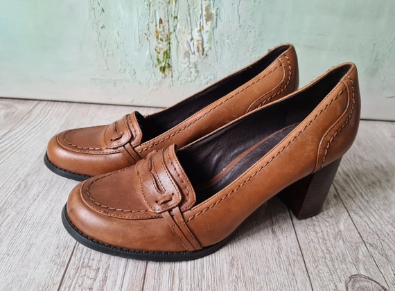 Vintage Brown Leather Wingtip Loafers Grunge Chunky Block Heels Shoes Size EU 36 UK 3.5 US 5 Vintage Clothing Women Etsy Ireland