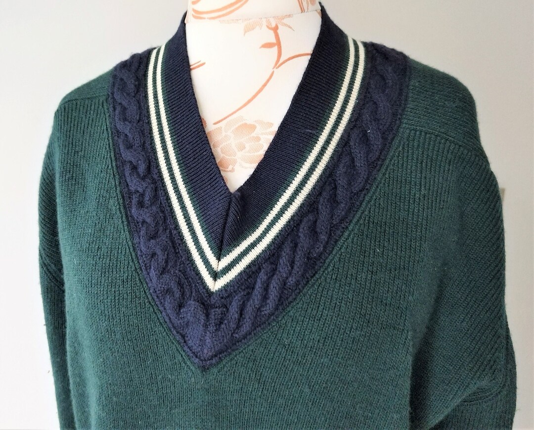 Vintage Dark Green Wool Cricket V Neck Knit Sweater Size Etsy