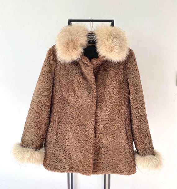 Vintage Persian Lamb Fur Jacket: Fox Fur Collar Cuffs, Brown