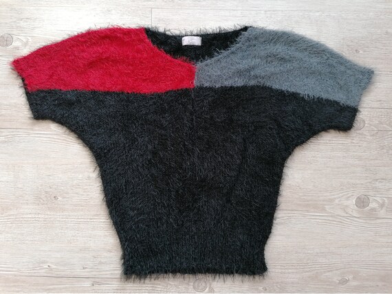 Vintage Colorblock Fluffy Knit Top Short Sleeve K… - image 2