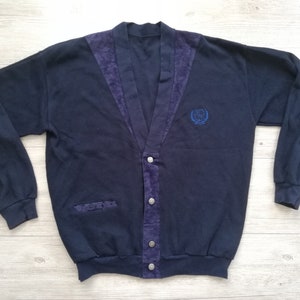 Vintage Navy Blue Cardigan Jacket Men Size Medium Made in Finland Suede Embroidered Cotton Knit Oversize Jacket Vintage Clothing Men