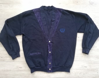 Vintage Navy Blue Cardigan Jacket Men Size Medium Made in Finland Suede Embroidered Cotton Knit Oversize Jacket Vintage Clothing Men