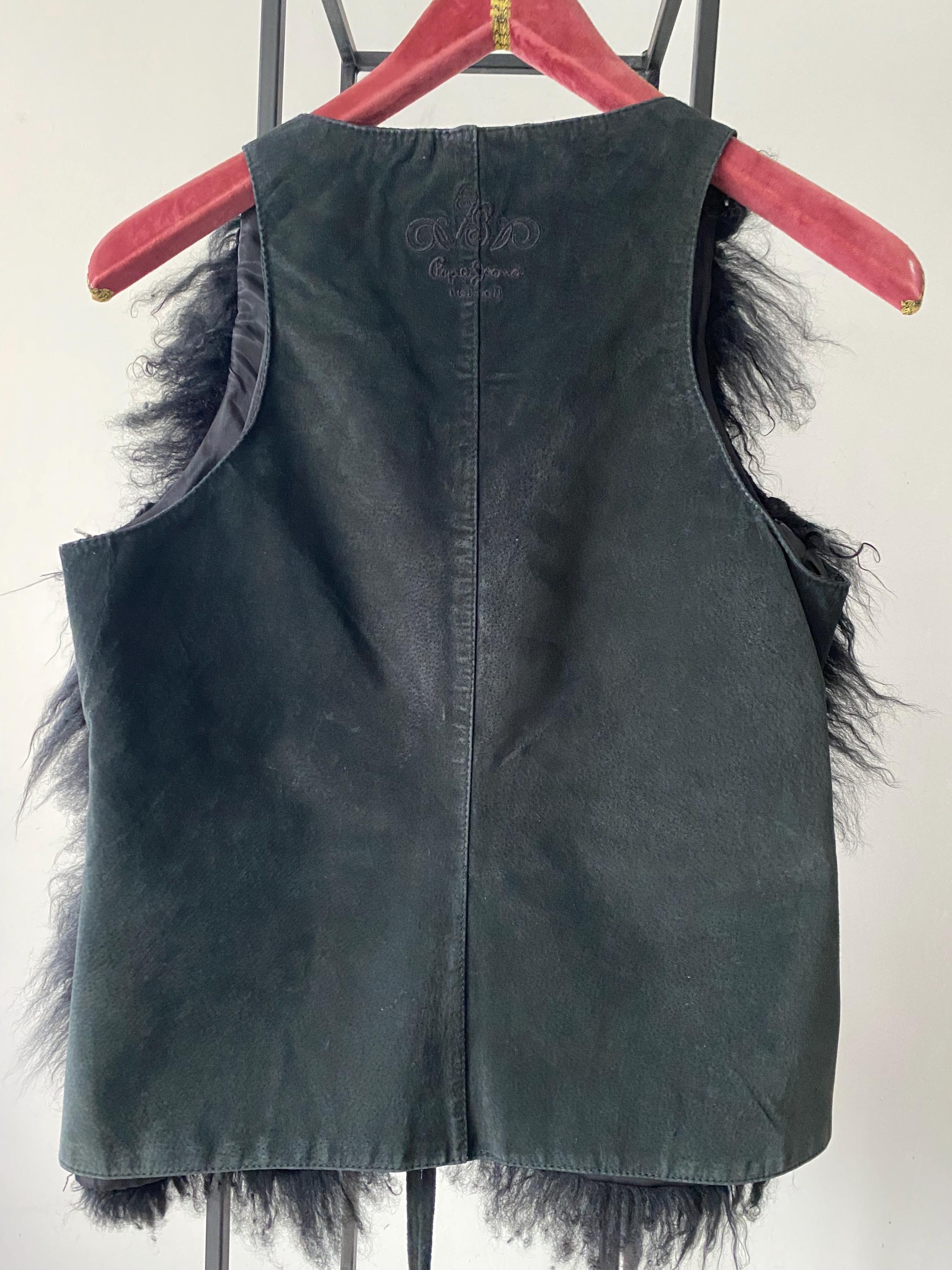 Black Mongolian Lamb Fur Vest: Pepe Jeans Tassel Sleeveless