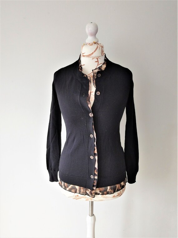 Vintage Cavalli Cardigan Sweater Women Black Wool Knit Fitted Cardigan Leopard Print Ruffles Size Extra Small Made in Italy Etsy UK