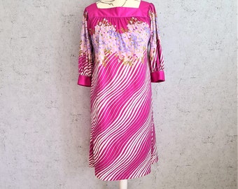 Vintage Floral Midi Dress: Purple Diagonal Stripe, Made in France (Size Medium)