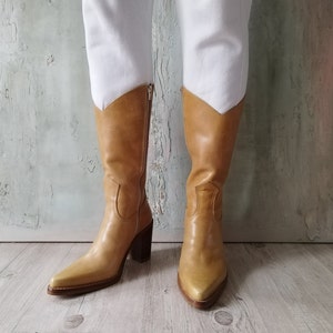 Destroy Cowboy Boots: Camel Brown Leather Pointed Toe Tall Boots (US 10.5 / EU 41)