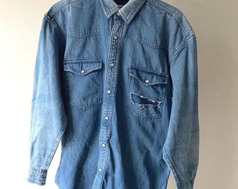 Camisa vintage estilo western em jeans, roupa de trabalho masculina em algodão, tamanho médio.