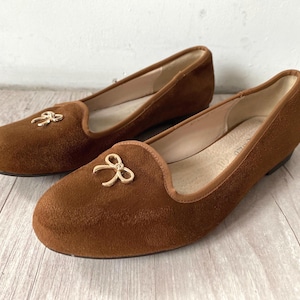 Vintage Brown Velour Ballerinas Flats Loafers Size EU 38 / UK 6 / US 8 Low Heel Slip On Shoes Loafers Women&#39;s Flat Round Toe