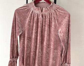 Vintage Velour Ruffle Neck Top: Dust Pink Boho Blouse