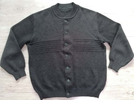Vintage Knit Cardigan Sweater Men Dark Grey Classic Knitted Sweater Size Large Mens Vintage Clothing