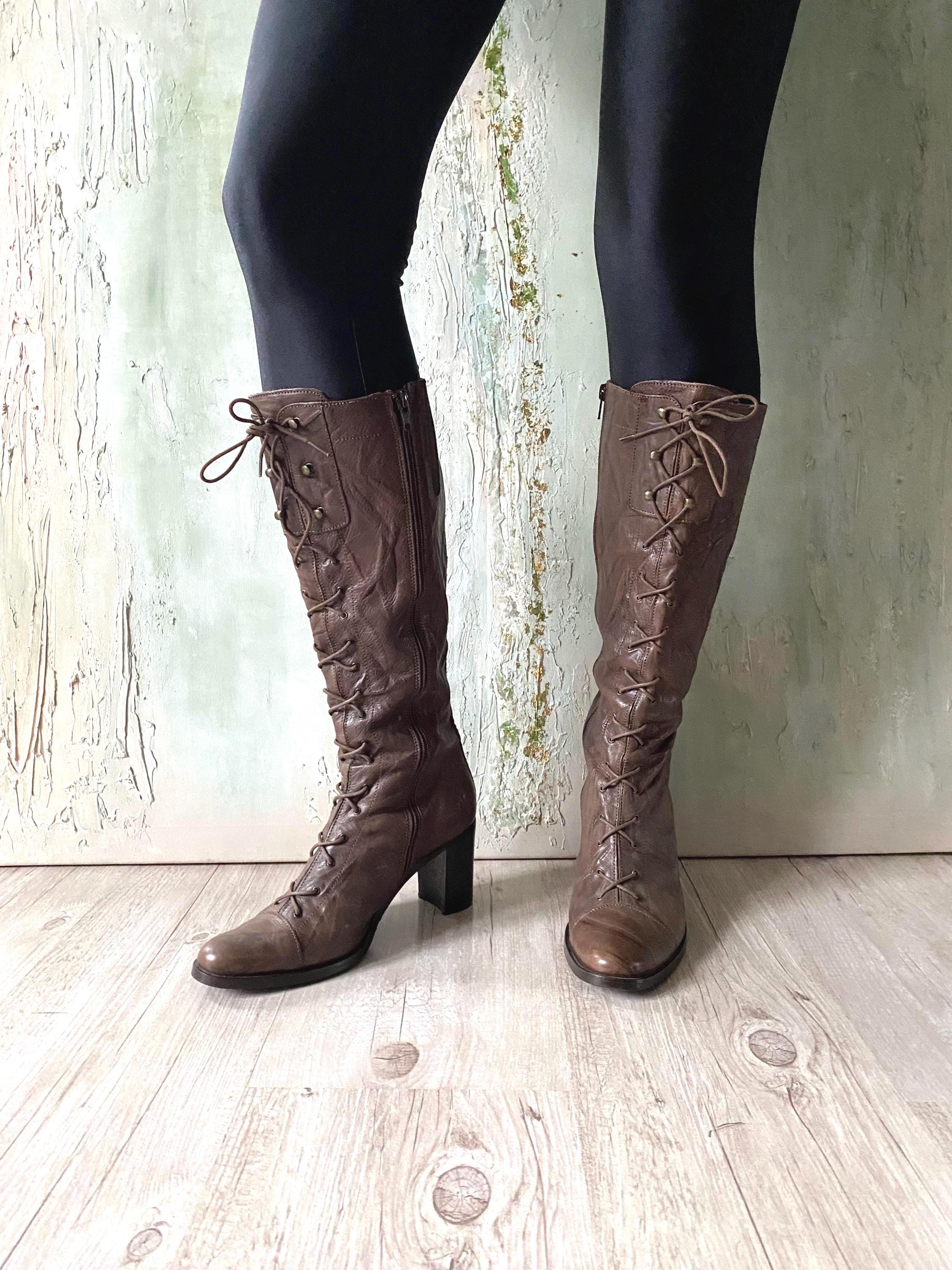 Vintage Brown Lace up Round Toe Boots Wrinkled Genuine