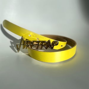 Cinturón de cuero vintage de color amarillo brillante Firetrap Cinturón de cuero genuino con hebilla de metal en tono dorado Cinturón de cuero grueso Fabricado en el Reino Unido