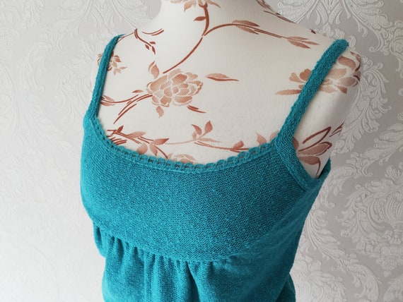 Vintage Turquoise knit Top Women Knitted Crop Tan… - image 3