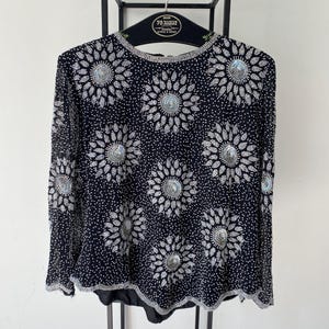 Vintage Sequin Beads Top Women Black silver Sparkle Shirt / Size Medium / Evening Glam Shiny Embellished Sequined Blouse / Vintage Clothing