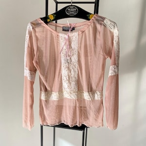 Y2K Mesh Top Women Powder Pink Lace Trim See thru Top Women 90s Antique style Clear Lacy Top Shirt Size Small / Medium Vintage clothing