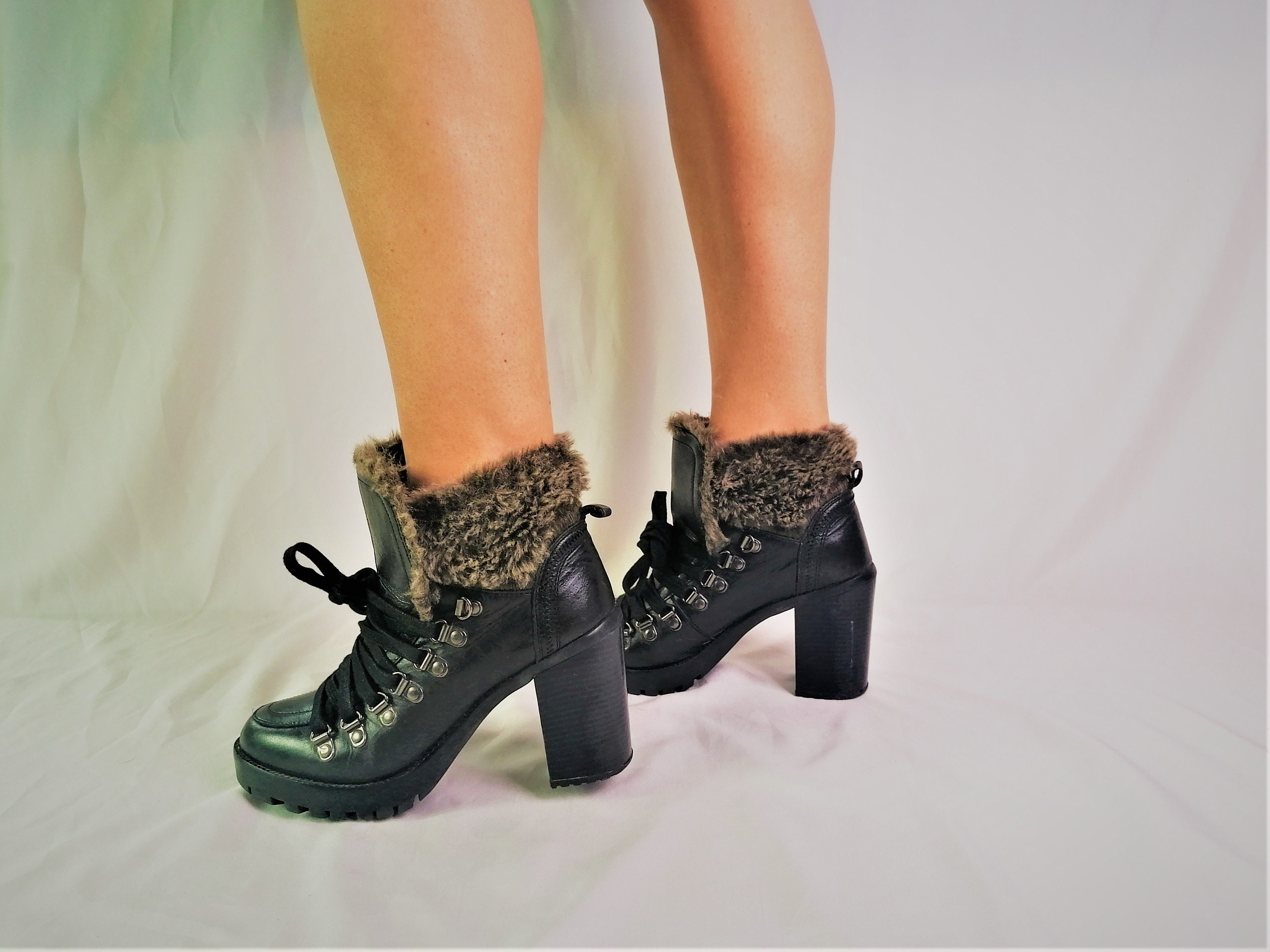 Lace up Lug Boots With Faux Fur Leather Ankle Boots Women Black Leather Round Toe Block Hight Heel Boots Size EU 38 UK 5 US 7.5 Etsy