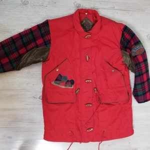 Vintage 80s Red Parka Jacket Country Checkered Zip Up Warm Jacket Owersize Size Small / Medium Vintage Clothing