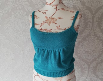 Vintage Turquoise knit Top Women Knitted Crop Tank Top Spaghetti Straps Tank Top Size Small Vintage Clothing Women