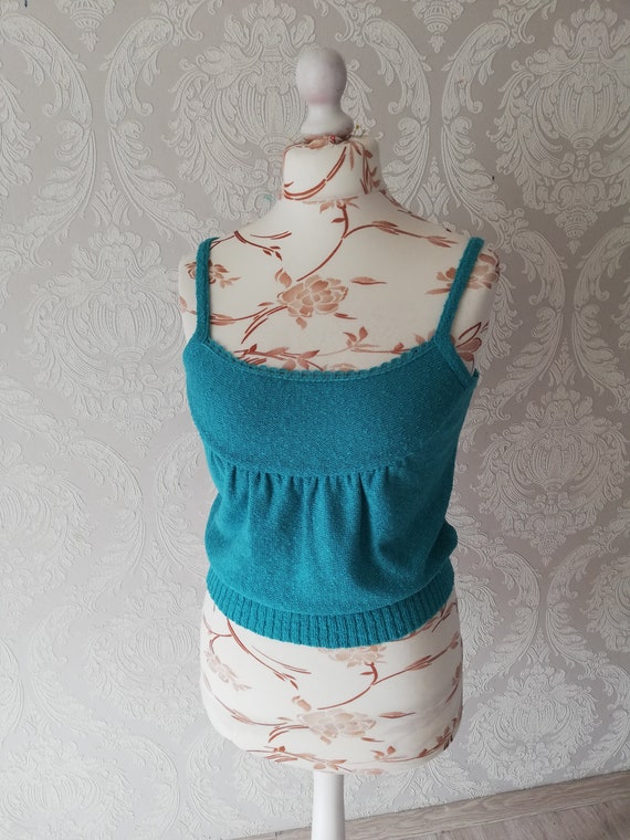 Vintage Turquoise knit Top Women Knitted Crop Tan… - image 1