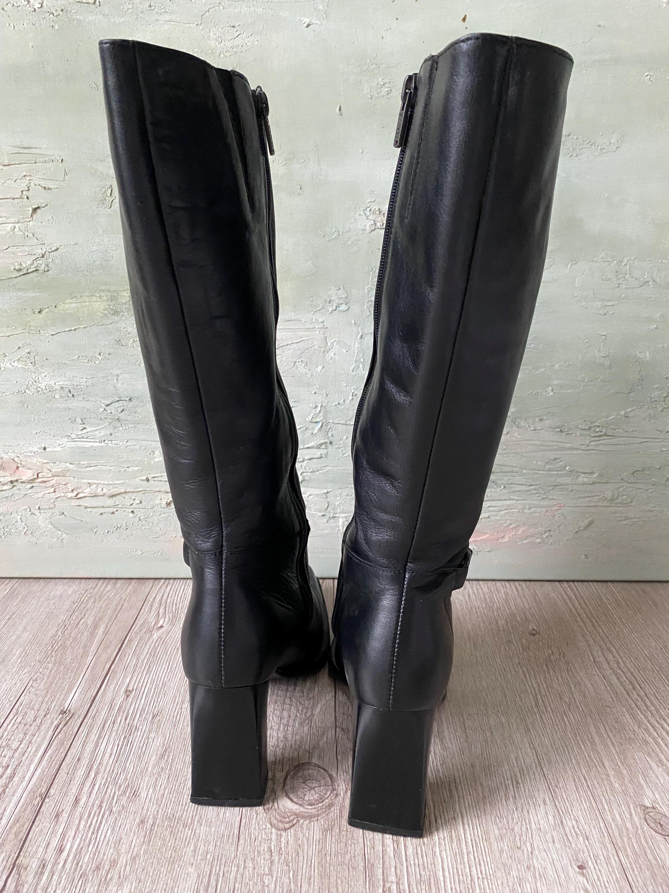 Vintage Black Leather Knee High Boots: Stack Heel, Square Toe (EU