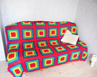 Vintage Granny Square Multicolor Crochet Afghan Cottagecore Blanket Throw Bright Crochet Blanket Handmade Boho Style Crochet Blanket