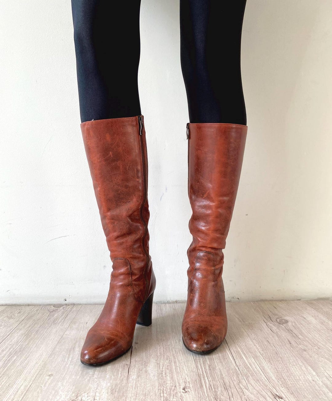 Vintage Brown Leather Knee High Boots Womens Shabby Chic Round Toe High ...