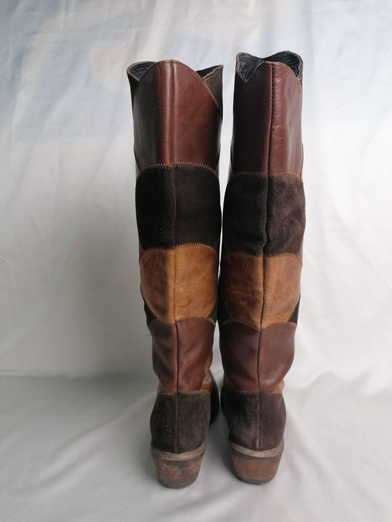 Vintage Brown Patchwork Knee High Boots Rider Boo… - image 6