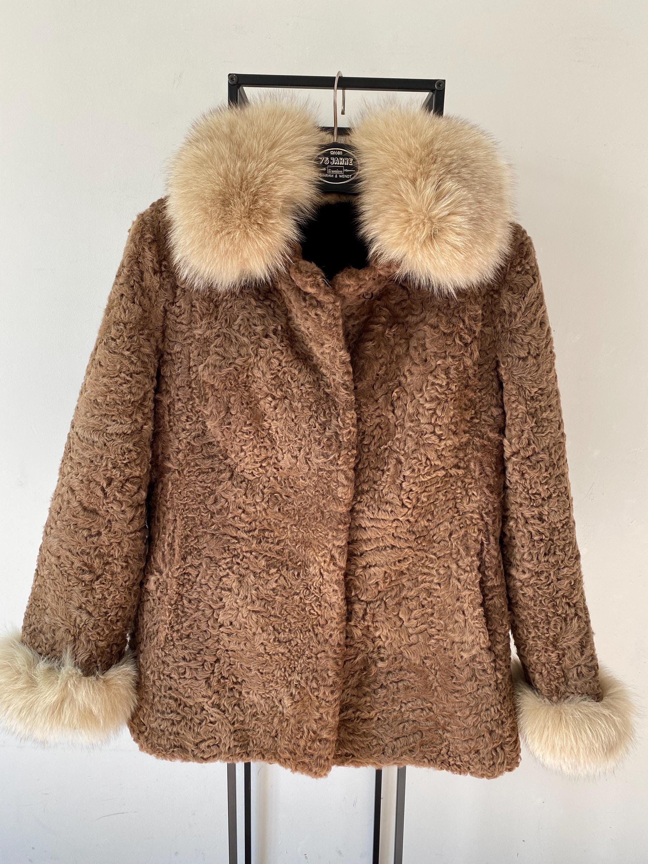 Vintage Persian Lamb Fur Jacket: Fox Fur Collar Cuffs, Brown