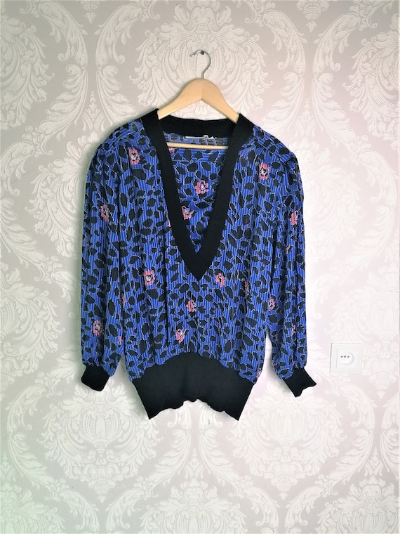 1980/'s Bold Rose Print Banded Waist Poly Shirt I Blouse I Top I Josephine I Sz Med