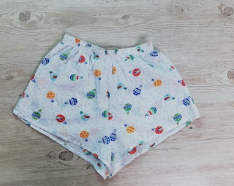 Vintage High Waist Cut Off Relax Boxer Shorts  White Balloons Print Briefs Underwear Size Small Medium Made in France Vintage Clothing