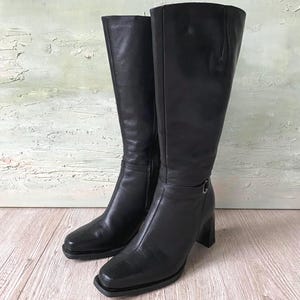 Vintage Black Knee High Leather Boots High Stack Heel Square Toe Knee Boots Made in Finland Womens Size EU 37 / UK 4 / US 6  Vintage 90s