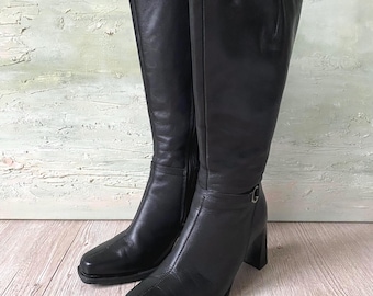 Vintage Black Leather Knee High Boots: Stack Heel, Square Toe (EU 37 / US 6)