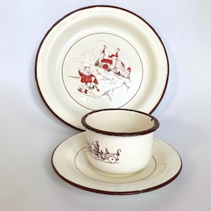 Vintage White Enamel Child&#39;s Set: Hand-Painted Floral Plates and Cup