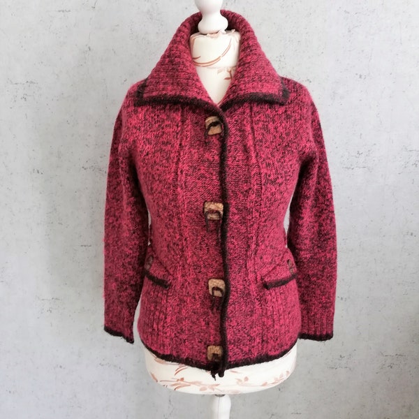 Vintage 90s Wool Cardigan Sweater Women Vine Red Knit Sweater High-Neck Stand Collar Coconut Shell Buttons Size Medium Vintage clothing
