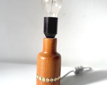 Vintage Swedish Wooden Table Lamp: Gold Floral Accent, Rustic Cottage Decor