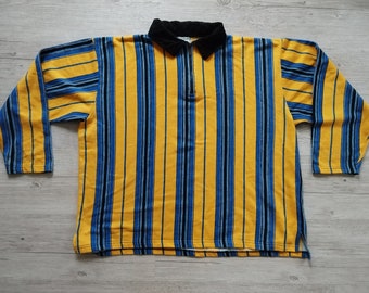 Vintage Striped Polo Shirt Men Yellow Blue Stripes Long Sleves Rugby Shirt Velvet Collar Half Zip Owersize Size XL Vintage clothing Men