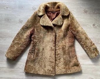 Vintage Lamb Fur Coat: Golden Brown Midi Length, Size L