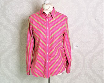 Blusa vintage de algodón a rayas rosas: Camisa ajustada de espiga, talla mediana