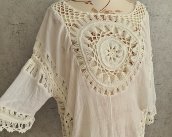 Embroidered Boho Crochet Tunic Top: White Cotton Festival Blouse (M/L)