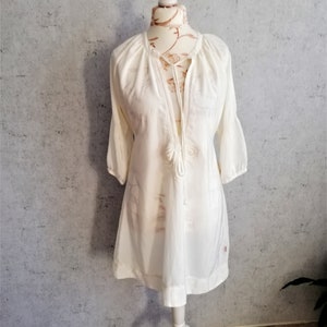 Vintage White Boho Mini Dress: Sheer Beach Tunic, Size Large