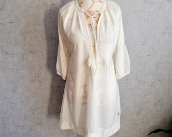 Vintage witte boho-minijurk: doorschijnende strandtuniek, maat Large