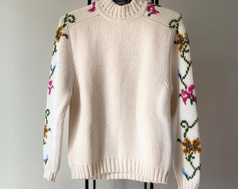 Jersey de lana vintage blanco lechoso con estampado floral, talla pequeña.