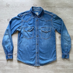 Men&#39;s Vintage Denim Shirt Stone Washed Jeans Denim Shirt Size S/M Button Down Long Sleeve Cotton Shirt Vintage Clothing Men