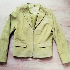 Vintage veste en cuir vert clair en daim trench-coat femme veste courte ajustée zippée taille petite vêtements vintage femme