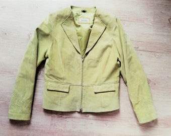 Vintage Light Green Leather Suede Jacket Trench Coat Womens Fitted Crop Zip Up Jacket  Size Small Vintage clothing Women