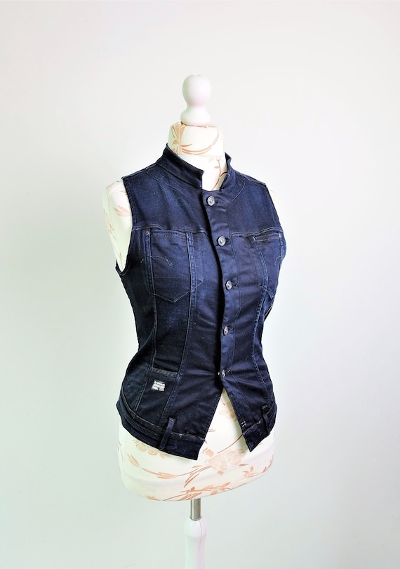 Dark denim vest womens hotsell