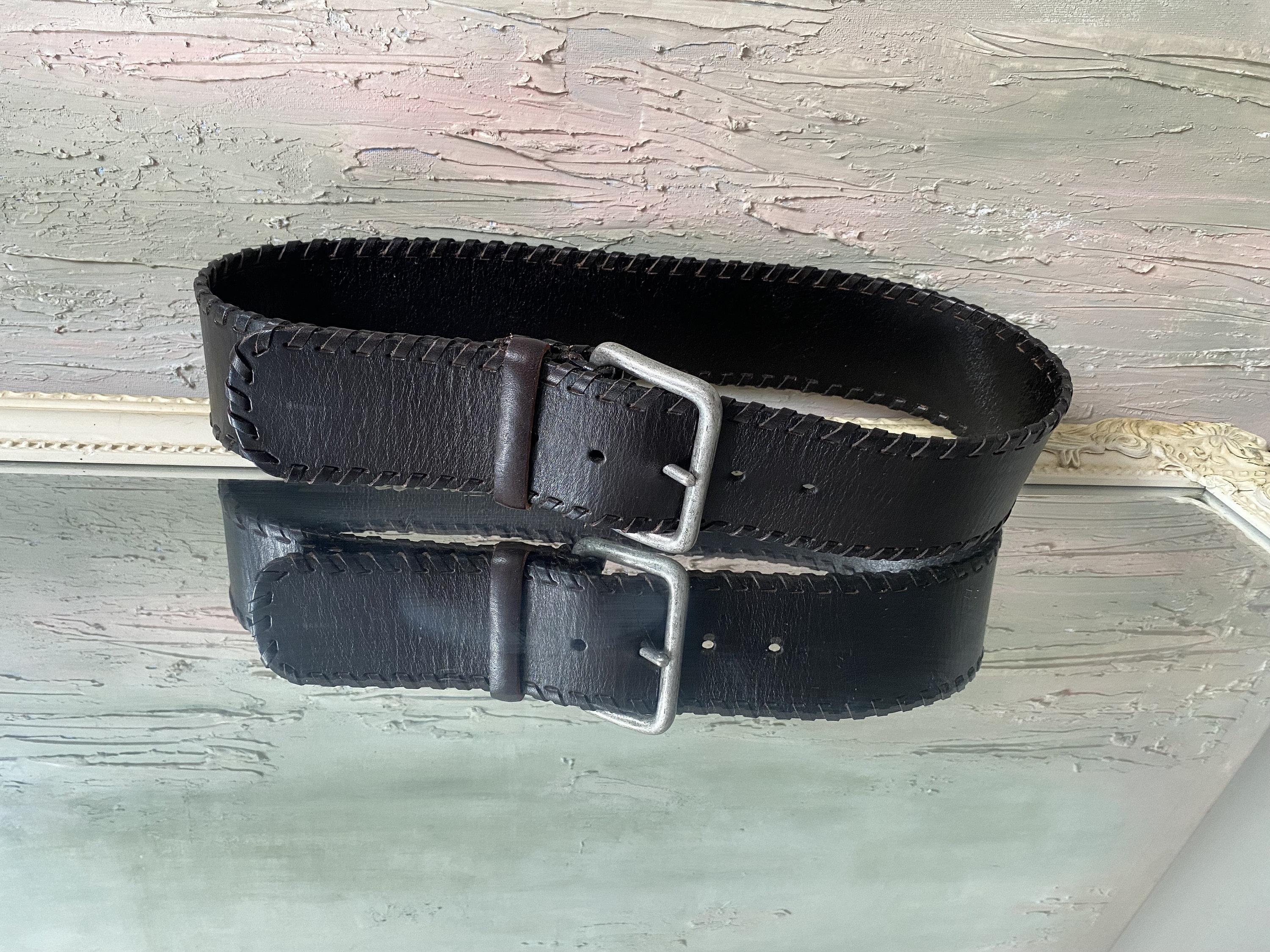 Vintage 70s Dark Brown Leather Belt Silver Tone Buckle vintage brown leather woven linked circle belt 70s – hong  main image 3
