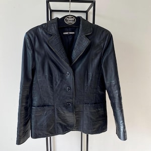 Vintage Black Leather Jacket Blazer Women Black Buttoned Leather Jacket Midi Length Fitted Coat Size Medium 90s leather clothing Women